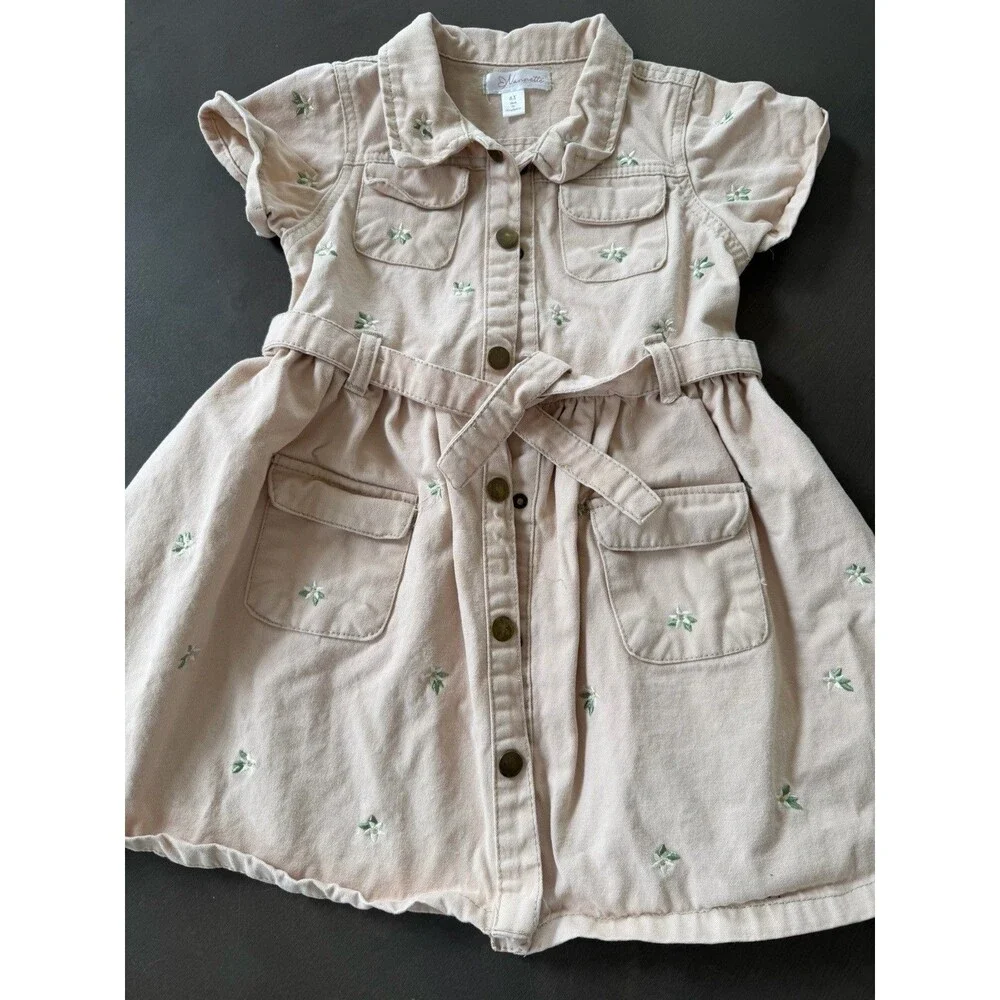 Nanette Denim Button-Front Dress Pockets floral embroidered Girls Size 6T beige